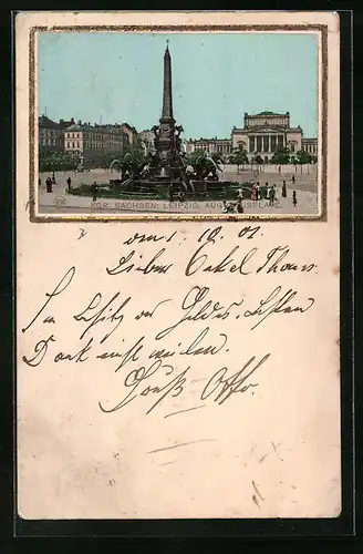 Lithographie Leipzig, Augustusplatz mit Brunnen
