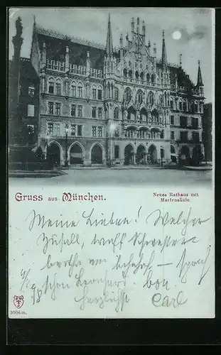 Mondschein-AK München, Neues Rathaus mit Mariensäule