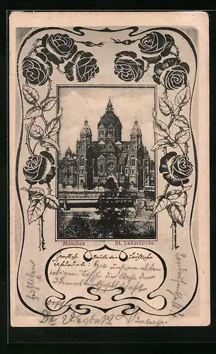 Künstler-AK München, Lukaskirche, Rosenranken
