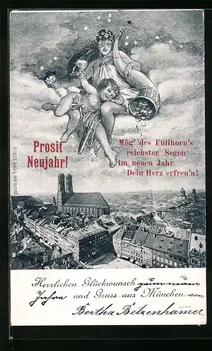 Künstler-AK München, Teilansicht, Himmelsgestalten mit Füllhorn - Neujahrsgruss