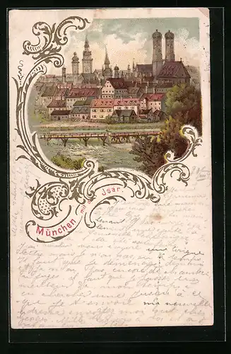 Lithographie München, Ortsansicht mit der Isar