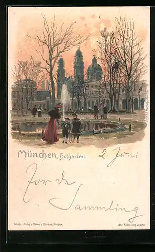 Lithographie München, Hofgarten mit Spaziergängern