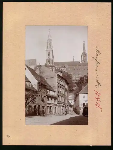 Fotografie Brück & Sohn Meissen, Ansicht Meissen i. Sa., Theaterplatz mit Gasthaus Birnbaum, Geschäfte C. Kox, R. Holder