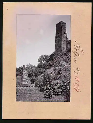 Fotografie Brück & Sohn Meissen, Ansicht Stolpen i. Sa., Blick auf den Siebenspitzenturm mit Löwendenkmal
