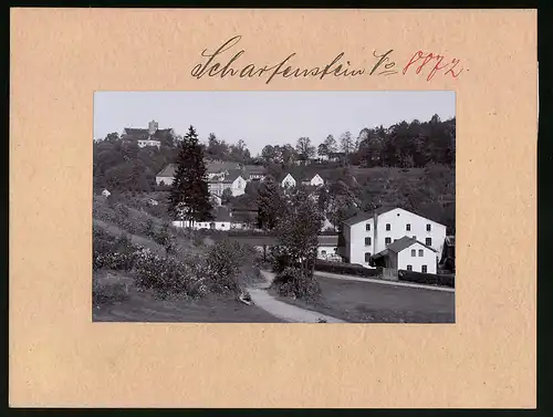 Fotografie Brück & Sohn Meissen, Ansicht Scharfenstein, Gehöft am Ortsrand, Schloss im Hintergrund