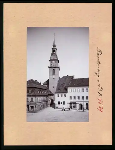 Fotografie Brück & Sohn Meissen, Ansicht Frankenberg, Ladengeschäft mit Ansichtskarten Otto Möbius, Kirche
