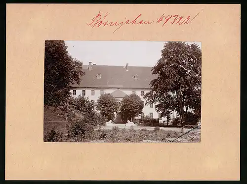 Fotografie Brück & Sohn Meissen, Ansicht Oederan, Blick auf das Schloss Börnichen, Löwenfiguren am Eingang