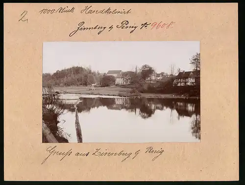 Fotografie Brück & Sohn Meissen, Ansicht Zinnberg, Blick auf den Ort mit Haus Lysium und Hängebrücke
