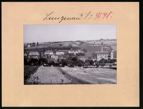 Fotografie Brück & Sohn Meissen, Ansicht Lunzenau, Güterwaggon vor der Fabrik, Blick auf den Ort
