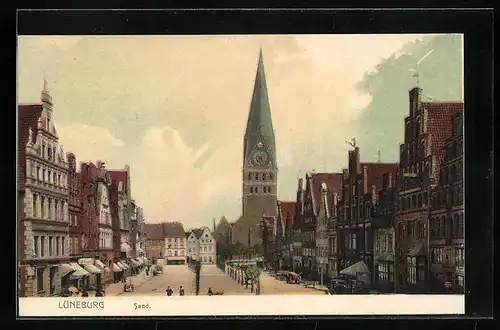 AK Lüneburg, Strasse Sand mit Geschäften und Kirche