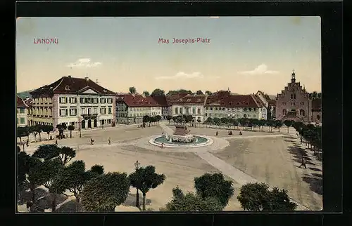 AK Landau, Max Josephs-Platz mit Brunnen