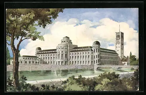 Künstler-AK München, Deutsches Museum, Ansicht von Norden