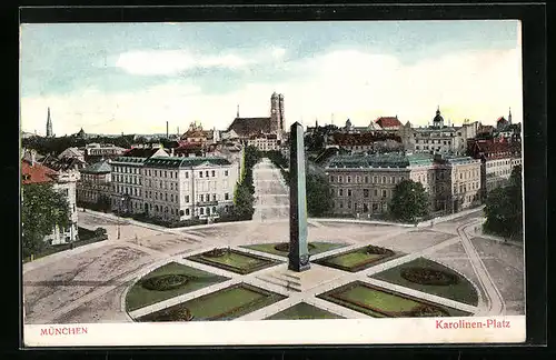 AK München, Karolinen-Platz mit Obelisk und Frauenkirche