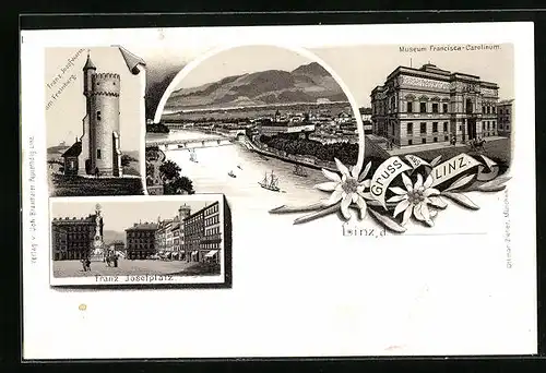 Lithographie Linz, Franz Josefplatz, Museum Francisca-Carolinum