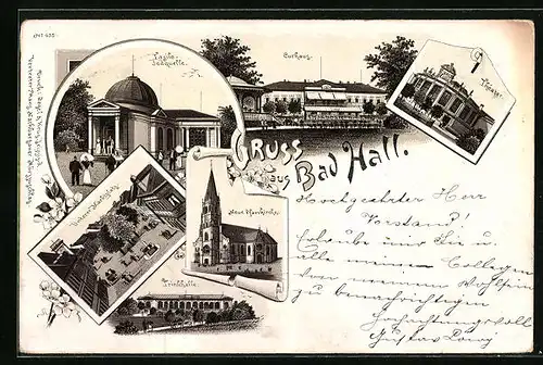 Lithographie Bad Hall, Tasilo-Jodquelle, Curhaus, Trinkhalle, Theater