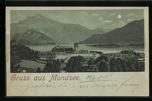 Mondschein-Lithographie Mondsee, Panorama mit Ort und See