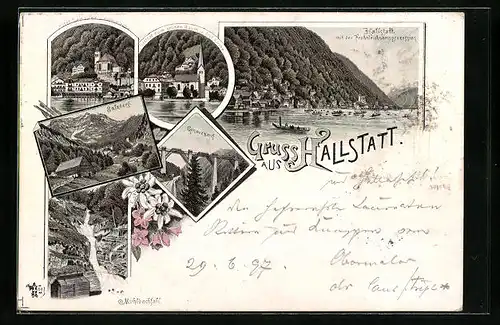 Lithographie Hallstatt, Mühlbachfall, Hotel Seeauer, Gasthof zum grünen Baum