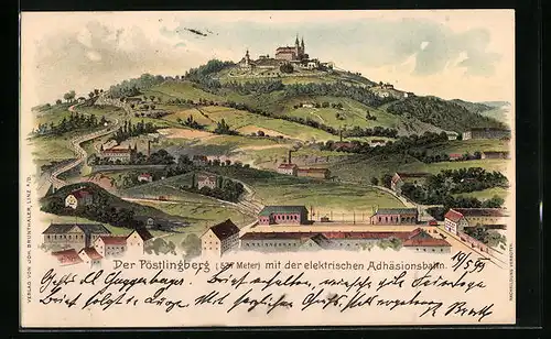 Lithographie Linz, Der Pöstlingberg mit der elektrischen Adhäsionsbahn