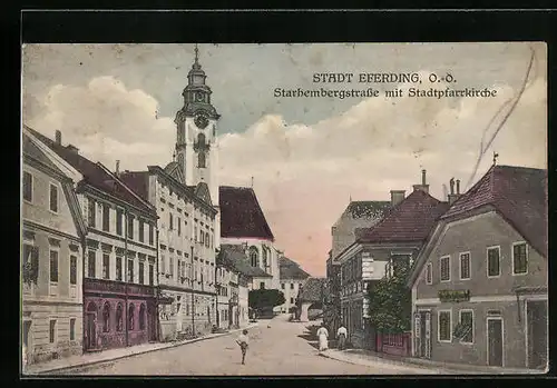 AK Eferding, Starhembergstrasse mit Geschäft und Stadtpfarrkirche