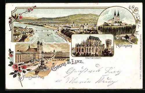 Lithographie Linz, Pöstlingberg, Mariendom, Franz-Josef-Platz