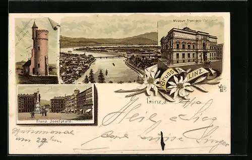 Lithographie Linz, Museum Francisco-Carolinum, Franz Josefswarte am Freinberg, Franz Josefplatz