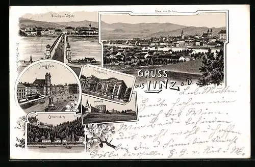 Lithographie Linz a. D., Brücke u. Urfahr, Volksgarten, Hauptplatz