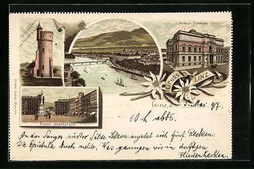 Lithographie Linz, Museum Franzisco-Carolinum, Franz Josefwarte am Freinberg, Franz Josefplatz