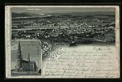 Mondschein-Lithographie Linz, Teilansicht, Maria Empfängnis Dom