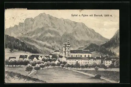 Künstler-AK Spital a. Pyhrn, Teilansicht mit Kirche und Bosruck