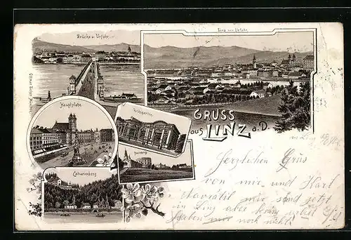 Lithographie Linz a. D., Brücke u. Urfahr, Volksgarten, Hauptplatz