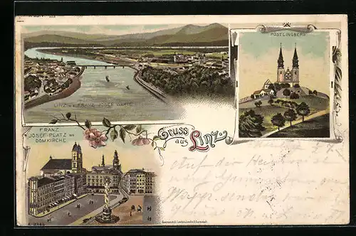 Lithographie Linz, Teilansicht v. d. Franz Josef Warte, Pöstlingberg, Franz Josef-Platz mit Domkirche