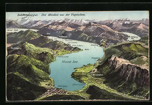 Künstler-AK Mondsee, Der Mondsee aus der Vogelschau