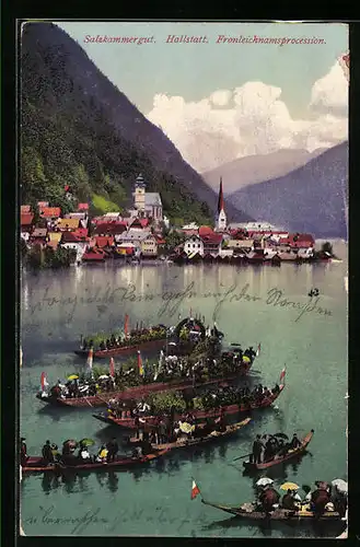 AK Hallstatt, Fronleichnamsprocession auf dem See