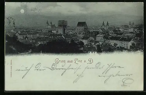 Mondschein-AK Linz a. D., Totalansicht bei Nacht