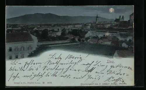 Mondschein-AK Linz, Totalansicht bei Nacht