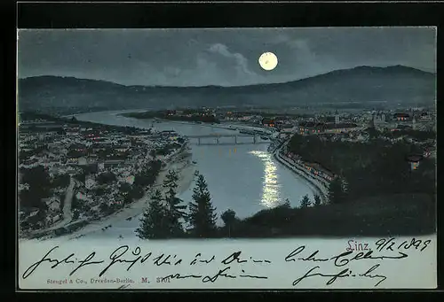 Mondschein-AK Linz, Ortsansicht aus der Vogelschau
