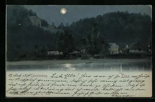 Mondschein-AK Linz, Calvarienberg mit Uferpartie
