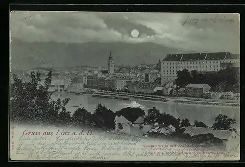 Mondschein-AK Linz a. d. D., Gesamtansicht mit Uferpartie