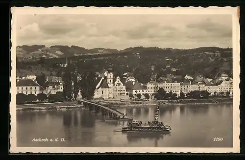 AK Aschach a. d. D., Ortsansicht mit Uferpartie