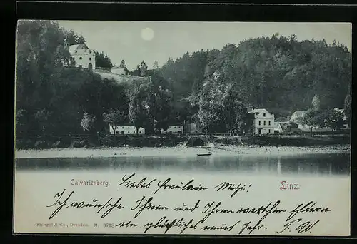 Mondschein-AK Linz, Calvarienberg mit Uferpartie