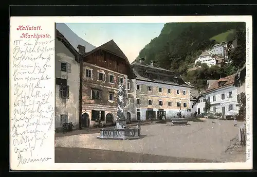 AK Hallstatt, Marktplatz mit Denkmal