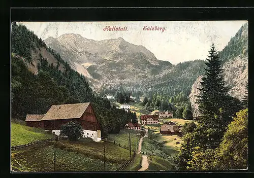AK Hallstatt, Ortsansicht mit Salzberg