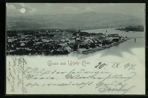 Mondschein-AK Urfahr-Linz, Totalansicht mit Flusspartie