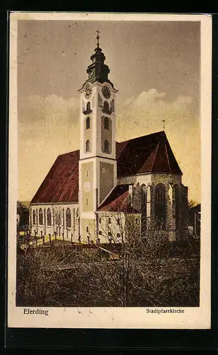 AK Eferding, Stadtpfarrkirche im Abendlicht