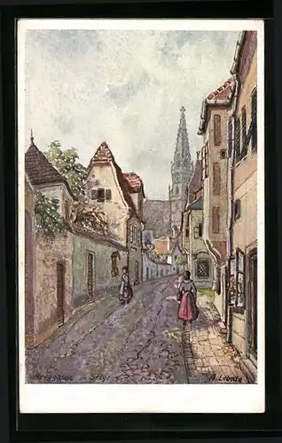 Künstler-AK Steyr, Berggasse mit Kirchblick