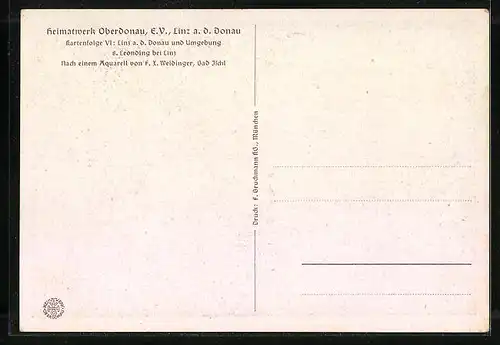 Künstler-AK Leonding b. Linz, Ortsansicht mit Blick ins Land