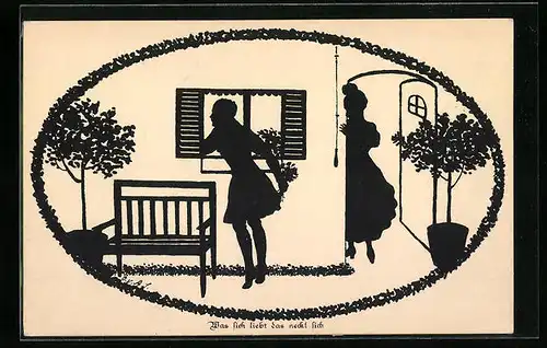 Künstler-AK Ov. Alt-Stutterheim: Scherenschnitt, Was sich liebt das neckt sich