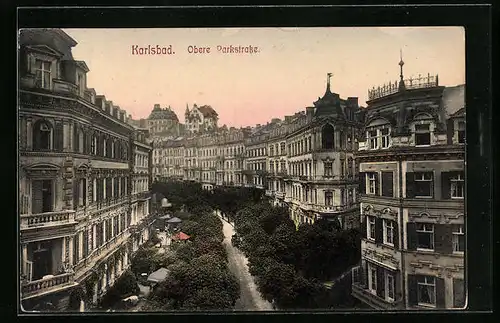 AK Karlsbad, Obere Parkstrasse mit Bäumen