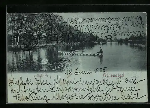 Mondschein-AK Franzensbad, Stadtteich mit Gondel