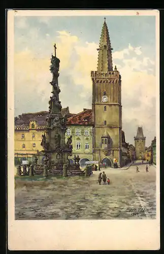 Künstler-AK Kaaden /Eger, Rathaus mit Heiligenturm